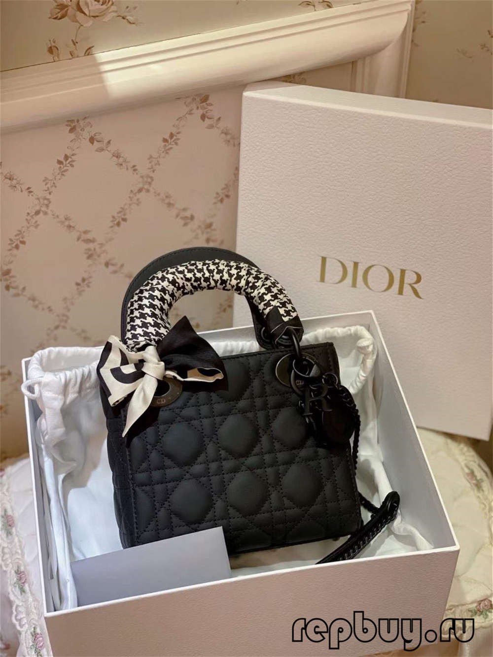 LADY DIOR Mini Black Matte Cowhide Top Replica Handbag with Silk Scarf Effect (2022 Edition)-Best Quality Fake designer Bag Review, Replica designer bag ru LADY DIOR Mini Black Matte Cowhide Top Replica Handbag with Silk Scarf Effect (2022 Edition)-Best Quality Fake designer Bag Review, Replica designer bag ru